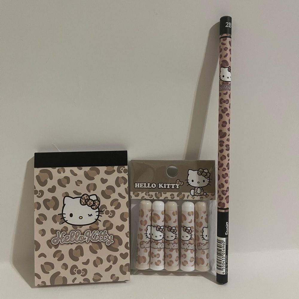 Hello Kitty Brown Leopard Mini Memo Pad, Pencil and Pencil Cap Bundle